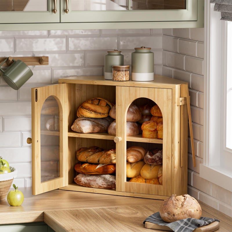 WOWLIVE Corner Bread Box for Kitchen Countertop, 2 Tier Bamboo Bread Storage Container for Homemade Bread with Clear Acrylic Door Panel, Large Bread Bin Farmhouse Breadbox Organizer (Natural, Medium) - Image 2