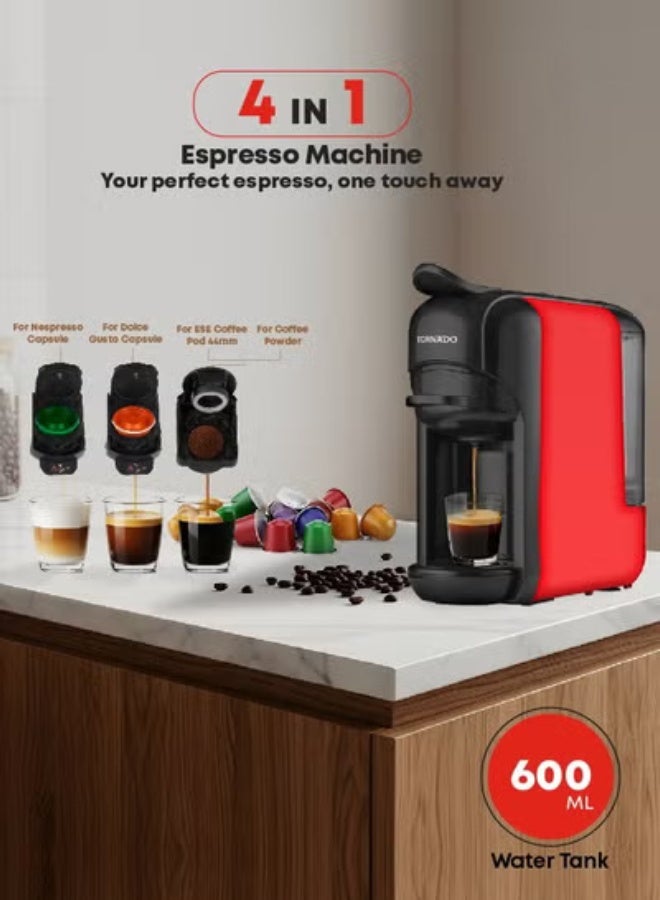 TORNADO 4 in 1 Multifunction Espresso Coffee Automatic Machine - with 600ml Detachable Water Tank 7 optional