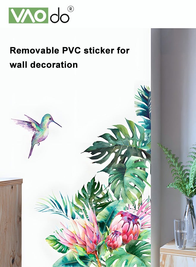 فاو دو ملصق حائط أخضر استوائي، ورق حائط قابل للإزالة مطبوع بنباتات وطيور، خلفية مقاومة للماء من البلاستيك PVC لتزيين الحائط في المنزل والمكتب والمدرسة - Image 2