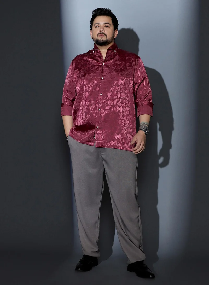 Instafab Plus Instafab Plus Men Semicurve-Jacquard Satin Shirt | One Piece Collar , Long Cuffed Sleeves | Button Closure , Straight Hem | Geometric Jacquard | Woven Fabric For Party & Evening Wear | Wine Red