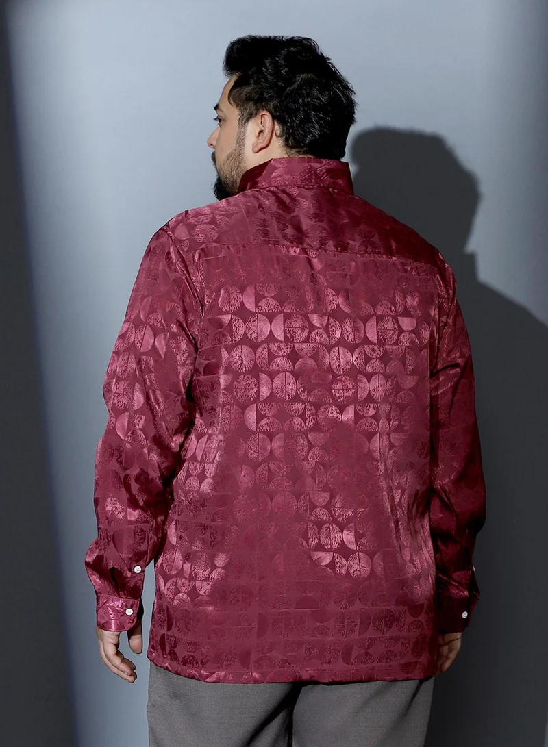 Instafab Plus Instafab Plus Men Semicurve-Jacquard Satin Shirt | One Piece Collar , Long Cuffed Sleeves | Button Closure , Straight Hem | Geometric Jacquard | Woven Fabric For Party & Evening Wear | Wine Red