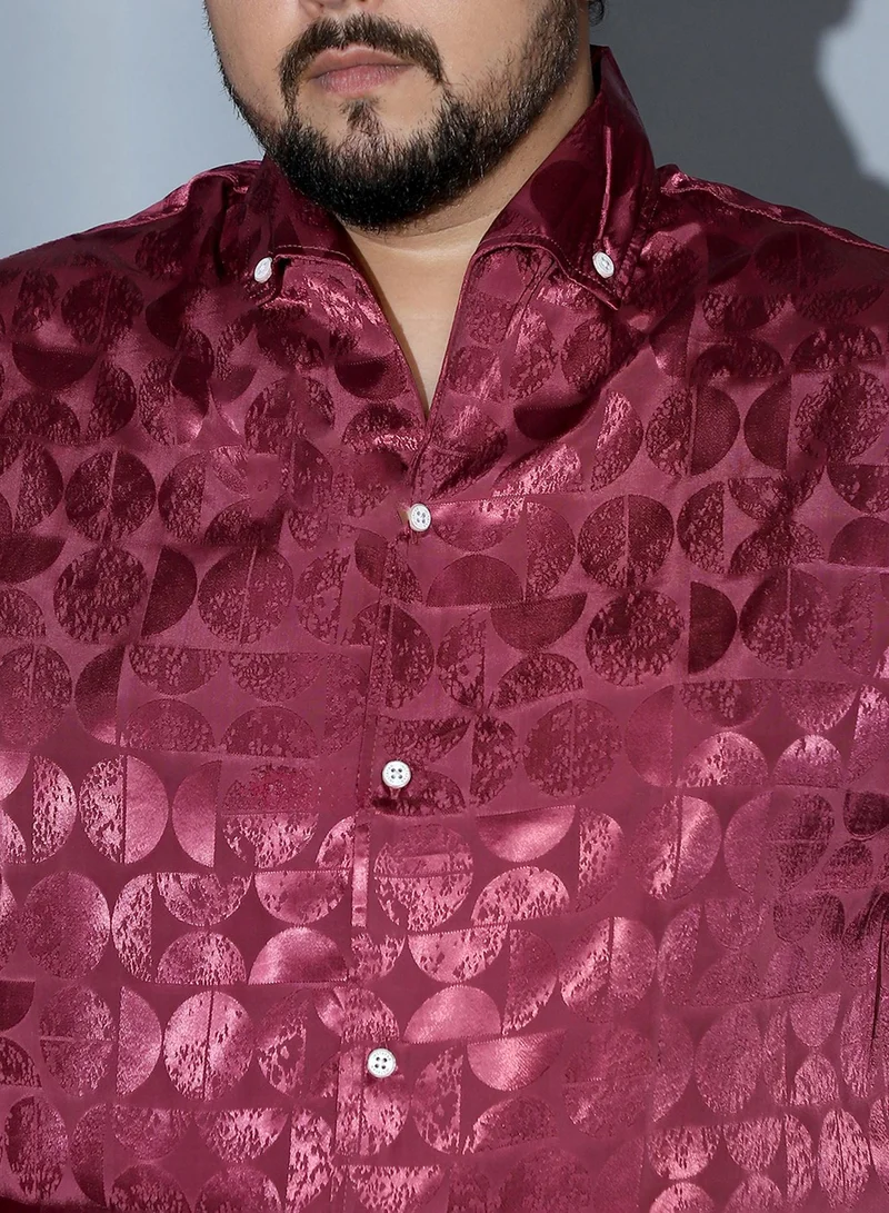 Instafab Plus Instafab Plus Men Semicurve-Jacquard Satin Shirt | One Piece Collar , Long Cuffed Sleeves | Button Closure , Straight Hem | Geometric Jacquard | Woven Fabric For Party & Evening Wear | Wine Red