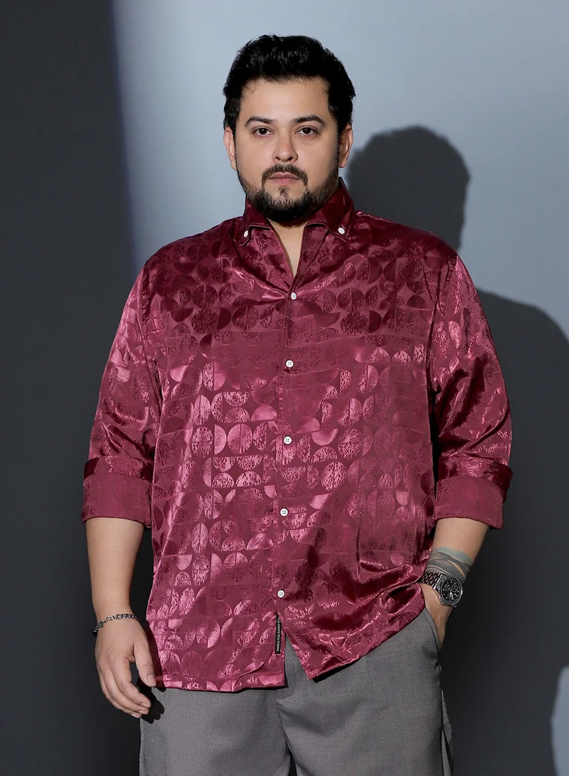 Instafab Plus Instafab Plus Men Semicurve-Jacquard Satin Shirt | One Piece Collar , Long Cuffed Sleeves | Button Closure , Straight Hem | Geometric Jacquard | Woven Fabric For Party & Evening Wear | Wine Red