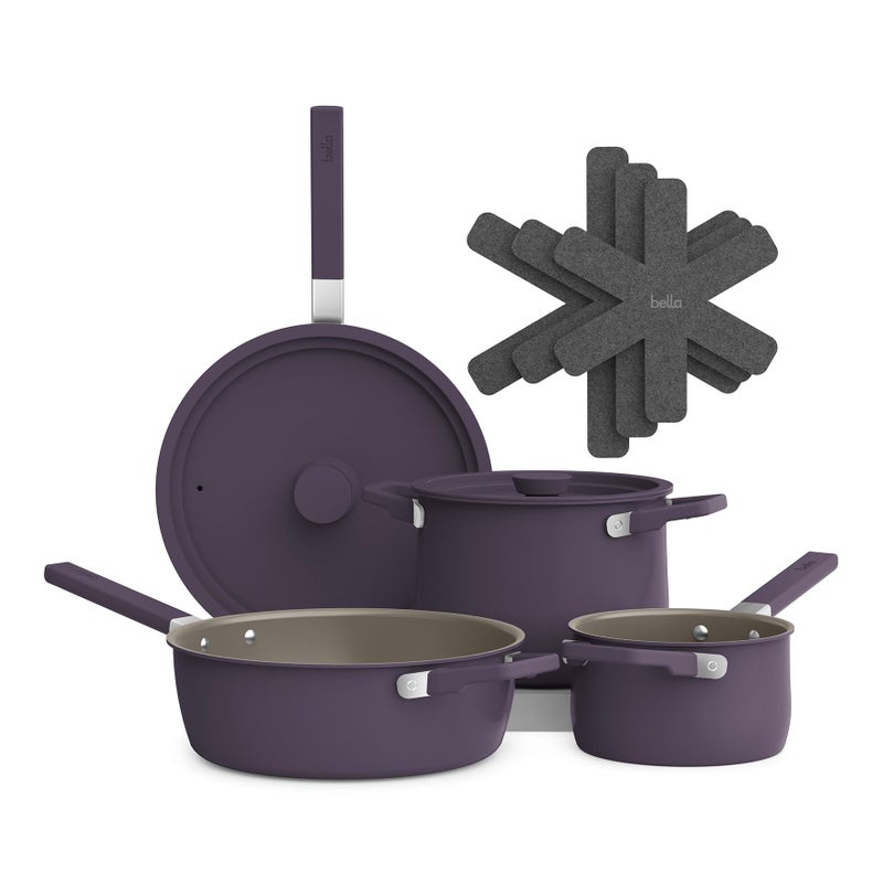 bella 9 Piece Ceramic Nonstick Cookware Set, Fits-anywhereâ„¢ Kitchenware w EverGoodâ„¢ Coating, Dishwasher & Oven Safe, All Stovetops Compatible, Stackable Design, Cool Touch Handles, Plum - Image 1