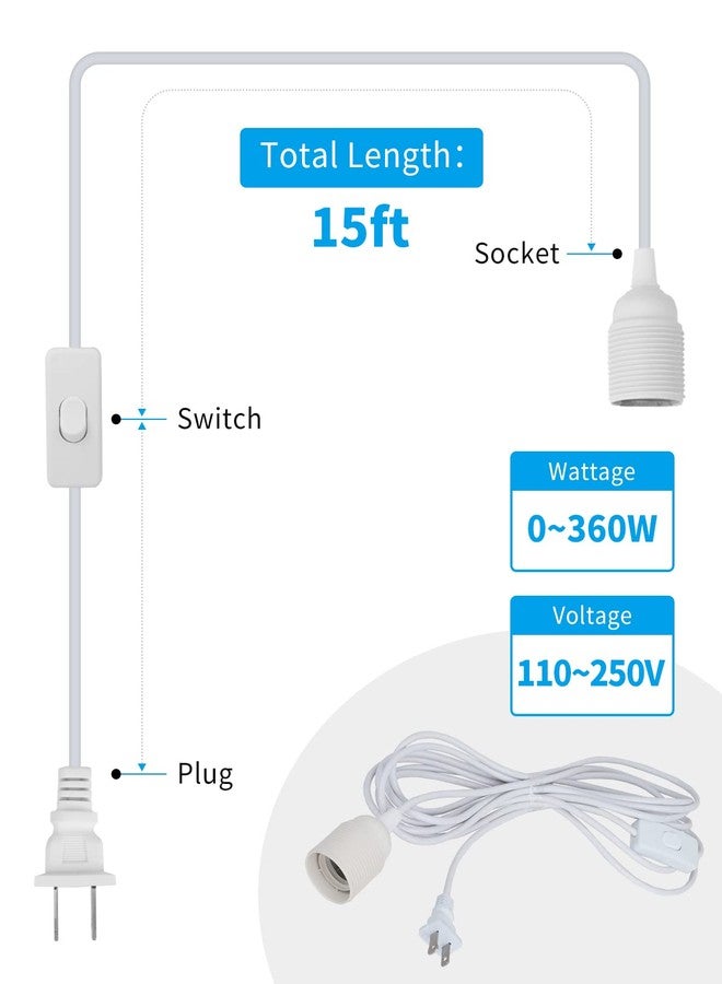 HESSION 15.6ft Plug in Pendant Light, 2-Pack Light Sockets Extension Cord, White Hanging Light Cord E26/E27 Latern Pendant Light Fixtures with ON/Off Switch - Image 2