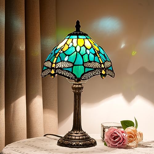 Blivuself Tiffany Lamp Style Stained Glass Table Lamp Teal Dragonfly Green Bedroom Bedside Light for Office Dorm Bar Decor Retro Unique Cute fun Small Night Light Gift Aesthetic Accent Village Nightstand Lamps - Image 1