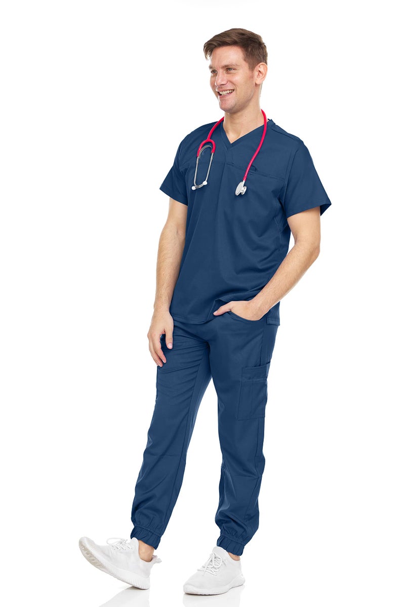 MediChic Menâ€™s Scrub Set â€“ Stretch V-Neck Scrub Top & 7-Pocket Jogger Pants, 4-Way Stretch Flex Medical Uniform Workwear, Navy Medium