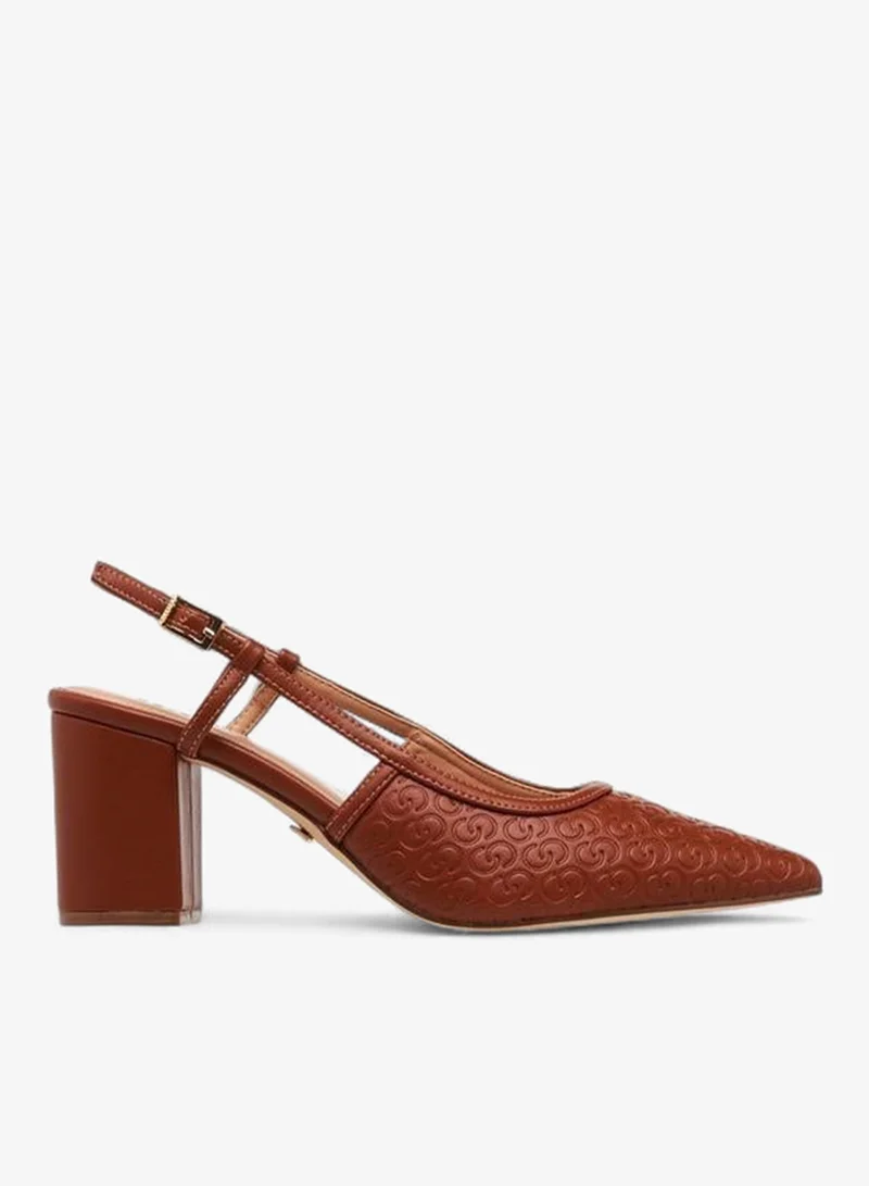 Celeste Women's Monogram Embossed Pointed Toe Shoes with Block Heels