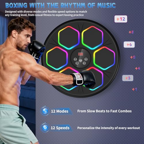 GAINO Music Boxing Machine 12 Modes 12 Speeds Smart Bluetooth Boxing Machine for Adults Kids with 2 Boxing Gloves Large Size Wall Mounted Music Punching Workout Equipment for Home Office Gym Black - Image 3
