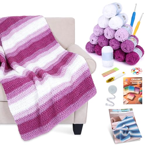 Reessy Crochet Blanket Kit for Beginners Adults – Gradient Purple Ombre Throw Blanket Kit with Soft Chenille Yarn, Hooks & Instructions – Handmade Crochet Starter Set for Adults - Image 1