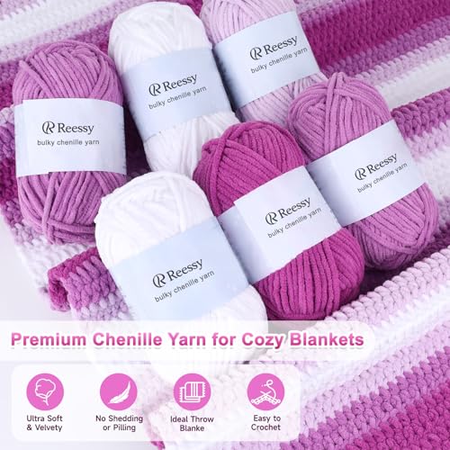 Reessy Crochet Blanket Kit for Beginners Adults – Gradient Purple Ombre Throw Blanket Kit with Soft Chenille Yarn, Hooks & Instructions – Handmade Crochet Starter Set for Adults - Image 4