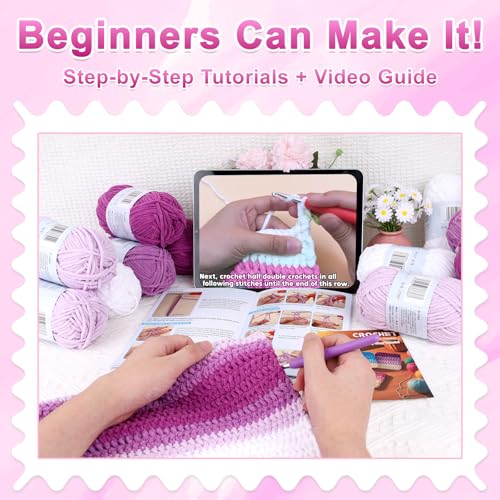 Reessy Crochet Blanket Kit for Beginners Adults – Gradient Purple Ombre Throw Blanket Kit with Soft Chenille Yarn, Hooks & Instructions – Handmade Crochet Starter Set for Adults - Image 5