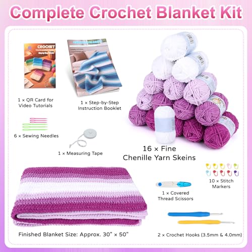 Reessy Crochet Blanket Kit for Beginners Adults – Gradient Purple Ombre Throw Blanket Kit with Soft Chenille Yarn, Hooks & Instructions – Handmade Crochet Starter Set for Adults - Image 3