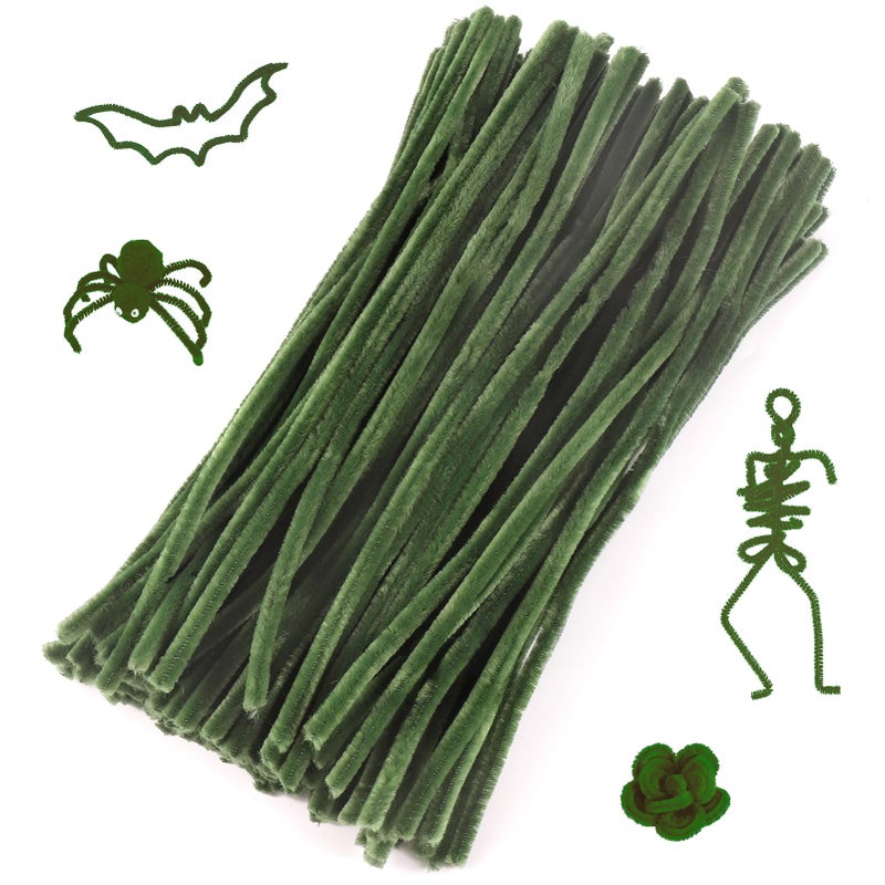 Caydo 100 Pieces Moss Green Pipe Cleaners Craft Supplies Flexible Chenille Stems for DIY Crafts Project and St. Patrick's Day Decoration, 6 mm x 12 Inch - Image 1
