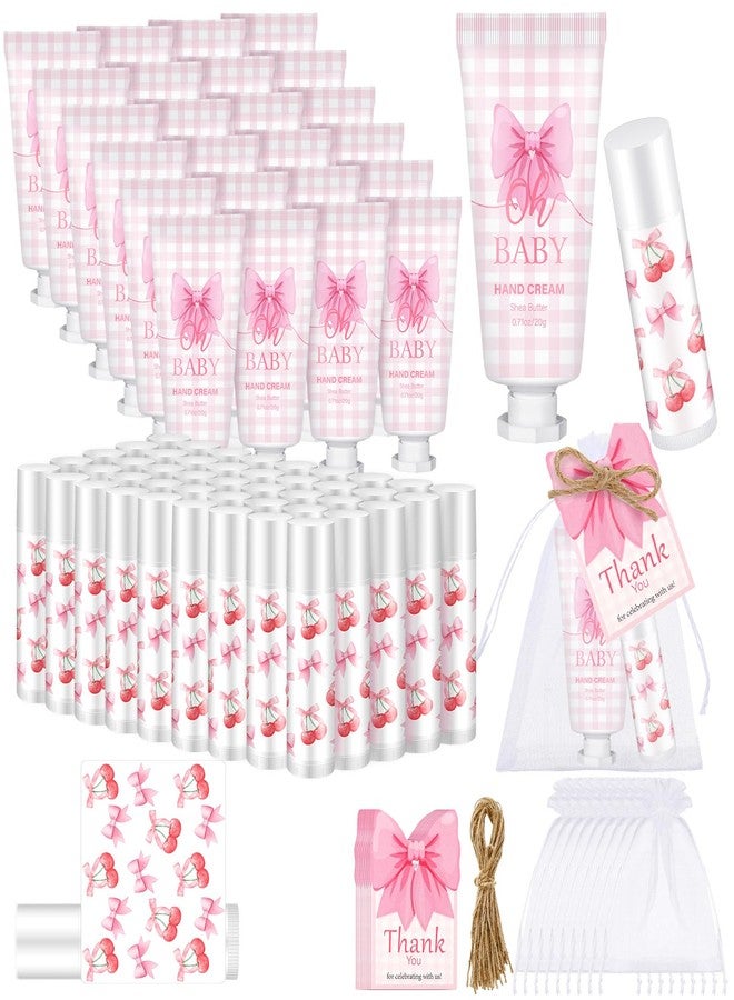 Heigble 50 Set Pink Baby Shower Gifts Bulk Woman Bow Baby Shower Favor for Guests Lip Balm Hand Cream Include 50 Lip Balm 50 Hand Cream 50 Bag 50 Tag Gender Reveal Wedding Bridal Party Favors Gift - Image 1