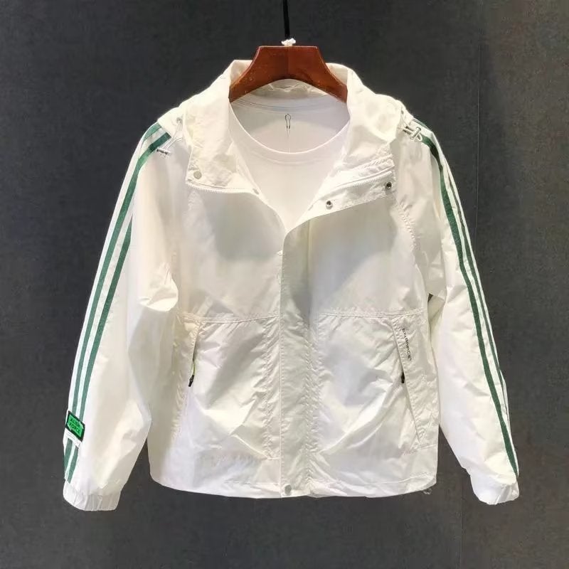 Mens Striped Hooded Jacket Spring Autumn Casual Windbreaker White 