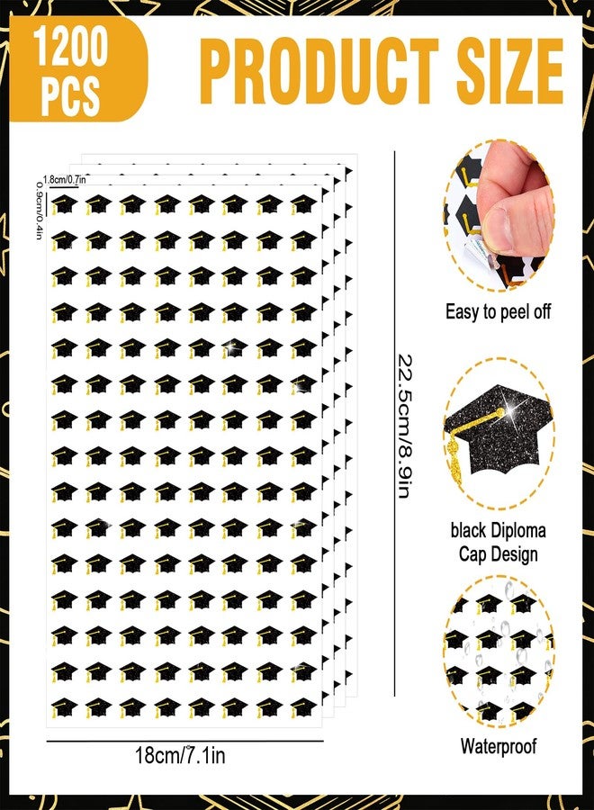 Whaline 1200Pcs Graduation Cap Mini Stickers Holographic Self Adhesive Stickers Black Diploma Cap Sparkly Label Decals for Congrats Grad Craft Scrapbook Envelope Reward, 10 Sheets - Image 2