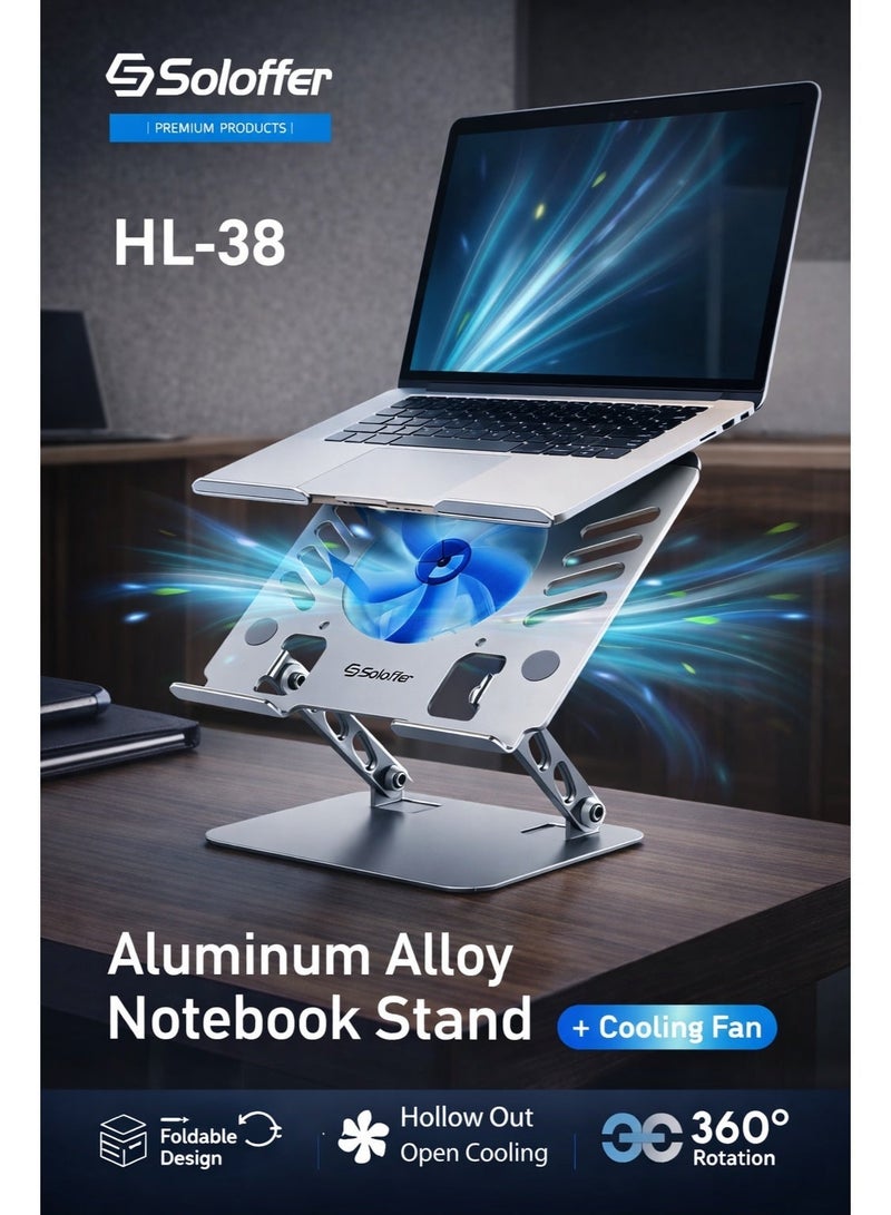 Soloffer HL-38 Aluminum Alloy Laptop Stand with Cooling Fan | 360° Rotating, Adjustable & Foldable Notebook Stand | Ergonomic Cooling Stand for Laptops & Tablets up to 15.9 Inches - Image 2