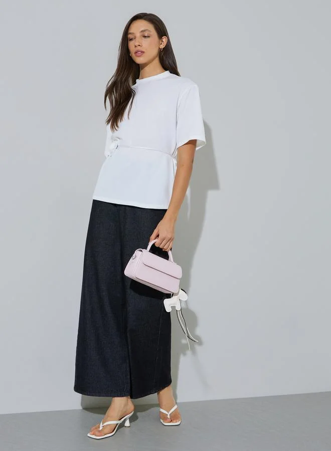 Styli White Regular Fit T-Shirt with Tie-Waist Flower Detail