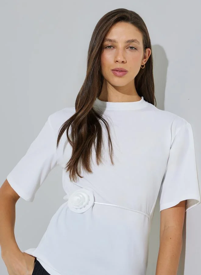 Styli White Regular Fit T-Shirt with Tie-Waist Flower Detail