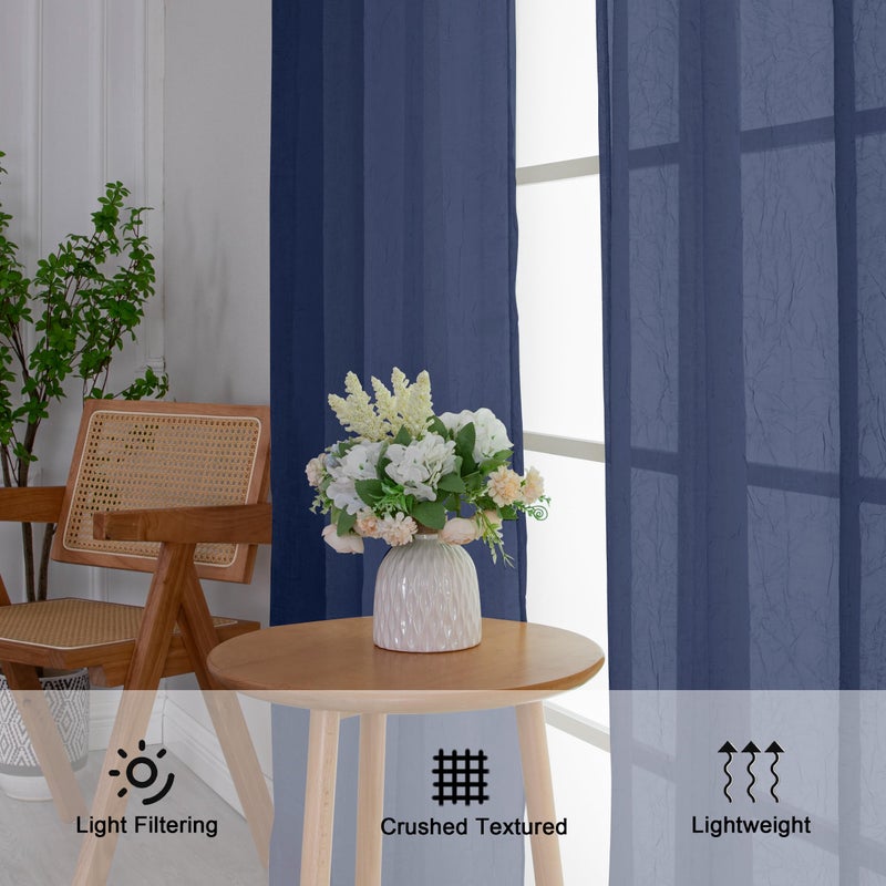 Chyhomenyc Crushed Sheer Navy Blue Curtains 84 Inch Length 2 Panels  Light Filtering Solid Crinkle Voile Lightweight Rod Pocket Sheer Curtian for Bedroom Living Room  Each 42Wx84L Inches - Image 5