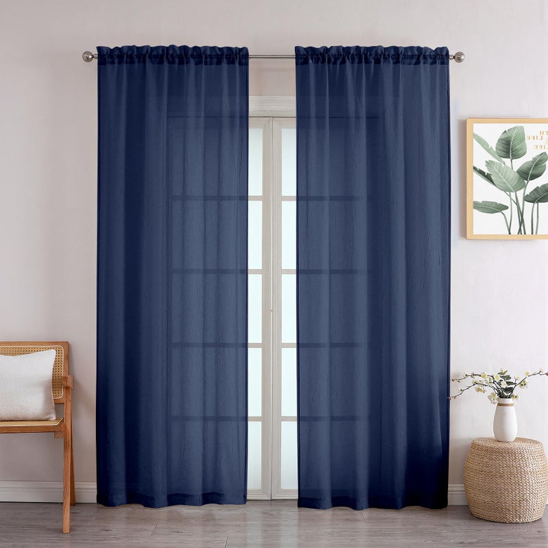 Chyhomenyc Crushed Sheer Navy Blue Curtains 84 Inch Length 2 Panels  Light Filtering Solid Crinkle Voile Lightweight Rod Pocket Sheer Curtian for Bedroom Living Room  Each 42Wx84L Inches - Image 2