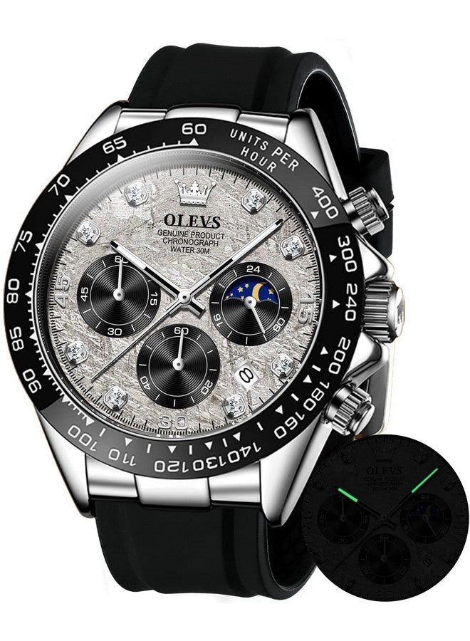 OLEVS Watches for Men Analog Quartz Chronograph Watch Moon Phase Waterproof Black Silicone Diamond Dress Luminous Easy Reader Wrist Watches Silver Gray Face - Image 1