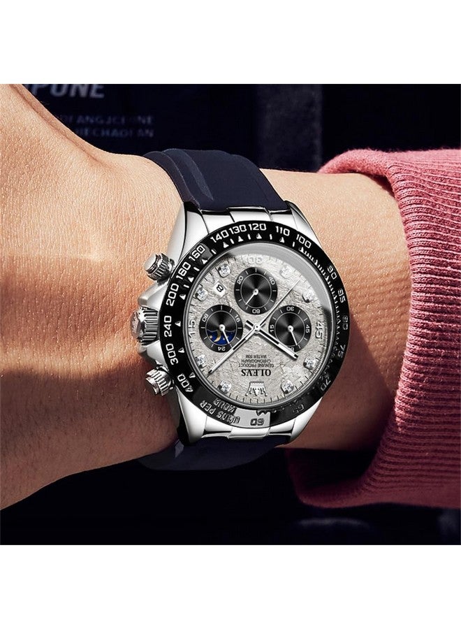 OLEVS Watches for Men Analog Quartz Chronograph Watch Moon Phase Waterproof Black Silicone Diamond Dress Luminous Easy Reader Wrist Watches Silver Gray Face - Image 4