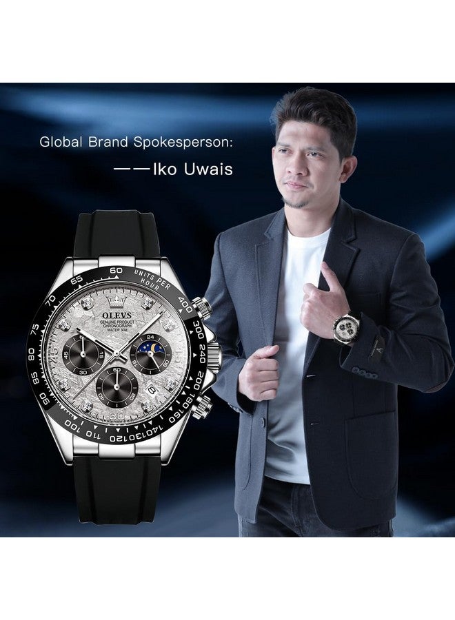 OLEVS Watches for Men Analog Quartz Chronograph Watch Moon Phase Waterproof Black Silicone Diamond Dress Luminous Easy Reader Wrist Watches Silver Gray Face - Image 2