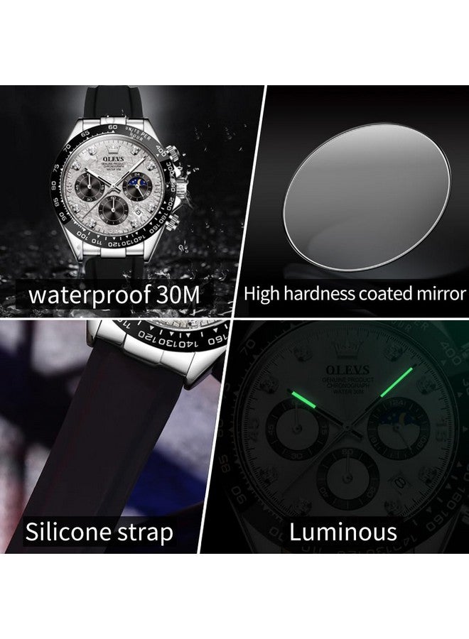OLEVS Watches for Men Analog Quartz Chronograph Watch Moon Phase Waterproof Black Silicone Diamond Dress Luminous Easy Reader Wrist Watches Silver Gray Face - Image 5