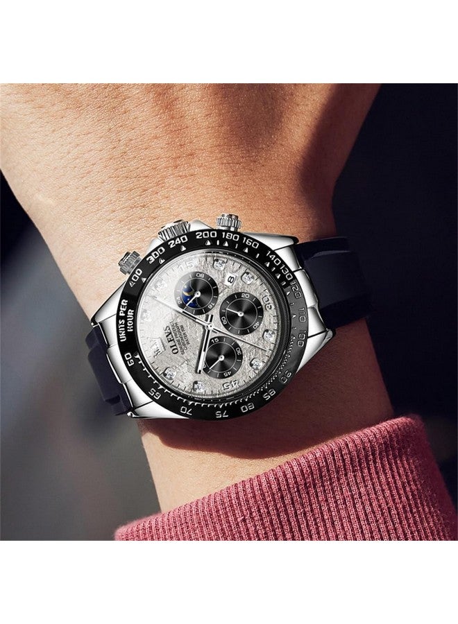 OLEVS Watches for Men Analog Quartz Chronograph Watch Moon Phase Waterproof Black Silicone Diamond Dress Luminous Easy Reader Wrist Watches Silver Gray Face - Image 3