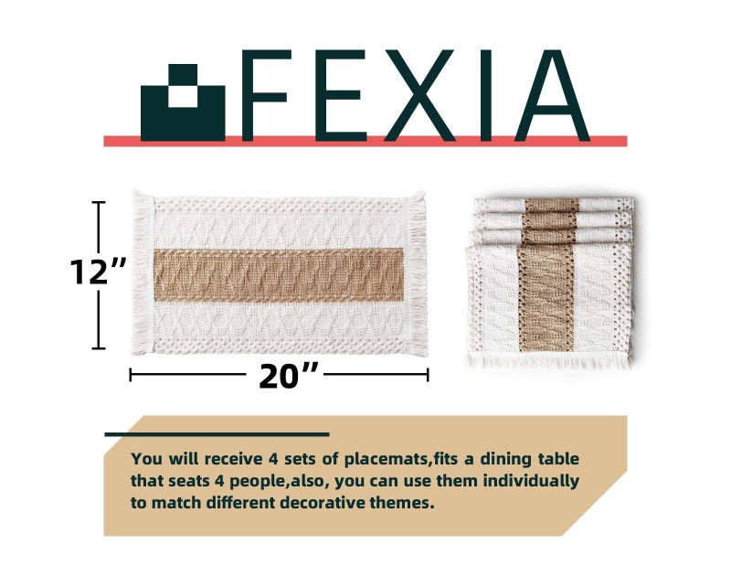 FEXIA Boho Placemats Set of 4, Macrame Table Decor Farmhouse Style Placemats in Natural Cotton Burlap, for Kitchen and Dining Table Centerpiece Home Decorations - Image 2