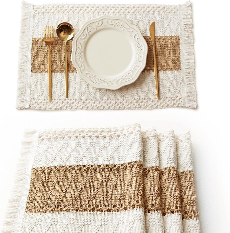 FEXIA Boho Placemats Set of 4, Macrame Table Decor Farmhouse Style Placemats in Natural Cotton Burlap, for Kitchen and Dining Table Centerpiece Home Decorations - Image 1