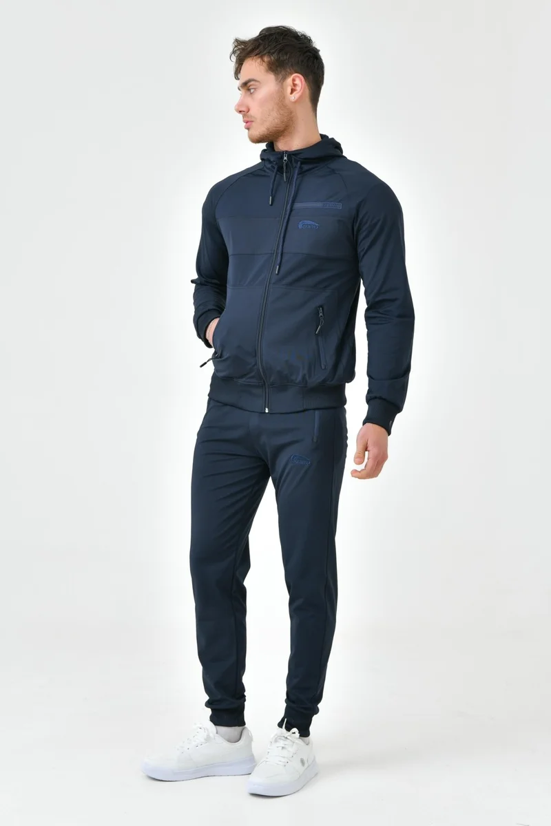 Cramp Sport Navy Blue Hooded Zippered Standard Pattern Cuffed Leg Men's Tracksuit