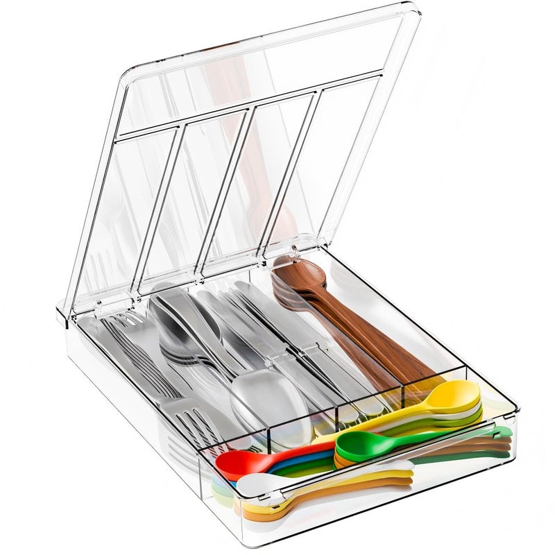 Yieach Clear Silverware Organizer with Lid - 9 inch Wide - Small Silverware Drawer Organizer & Tray and Utensil Drawer Organizers with Lid,BPA Free Plastic Flatware Drawers Organizers for Fork,Spoon - Image 1