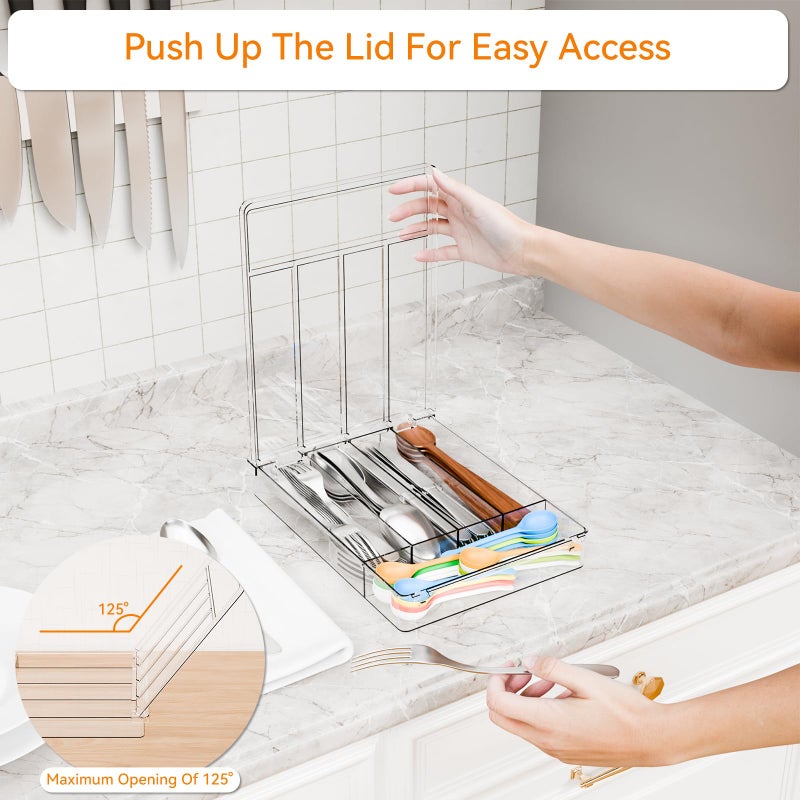 Yieach Clear Silverware Organizer with Lid - 9 inch Wide - Small Silverware Drawer Organizer & Tray and Utensil Drawer Organizers with Lid,BPA Free Plastic Flatware Drawers Organizers for Fork,Spoon - Image 3