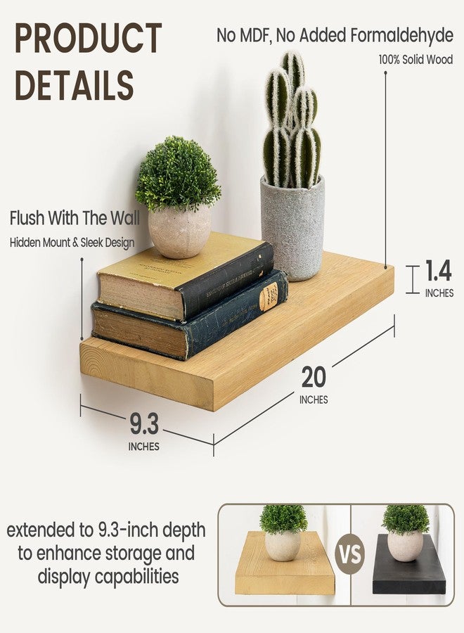 Marsmiles 20 Inch Floating Shelves | 9.3 Inch Deep Natural Wood Wall Shelves Set of 2 | Rustic Reclaimed Wood Shelves for Room Wall | Farmhouse Floating Shelves for Living Room Bathroom - Image 4
