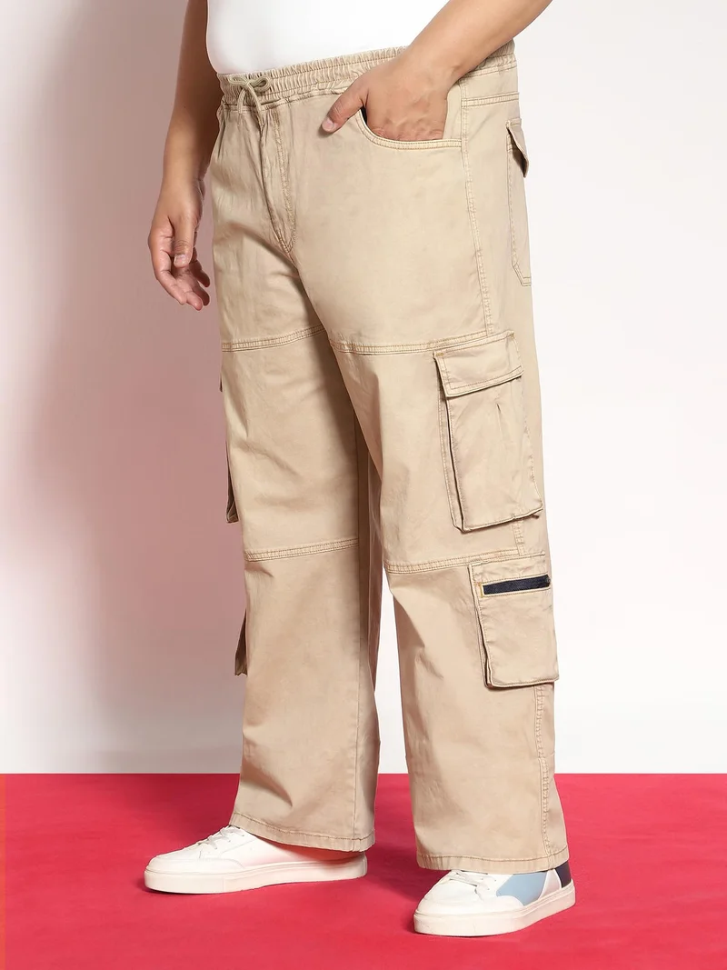 Urbano Fashion  Urbano Plus Men's Dark Beige Loose Baggy Fit Travel Cargo Jeans with 8 Pockets Stretchable  | Best Price UAE