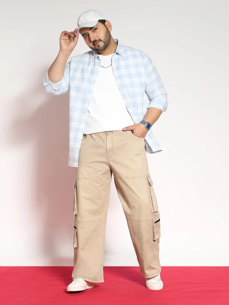 Urbano Fashion  Urbano Plus Men's Dark Beige Loose Baggy Fit Travel Cargo Jeans with 8 Pockets Stretchable  | Best Price UAE