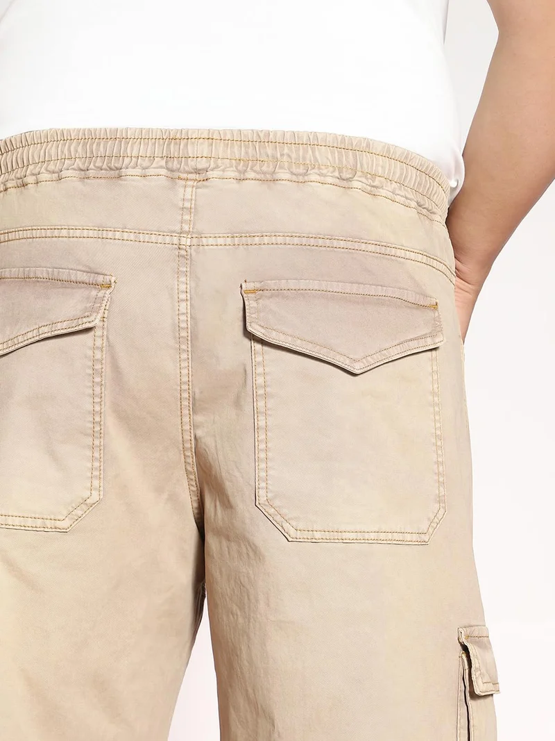 Urbano Fashion  Urbano Plus Men's Dark Beige Loose Baggy Fit Travel Cargo Jeans with 8 Pockets Stretchable  | Best Price UAE
