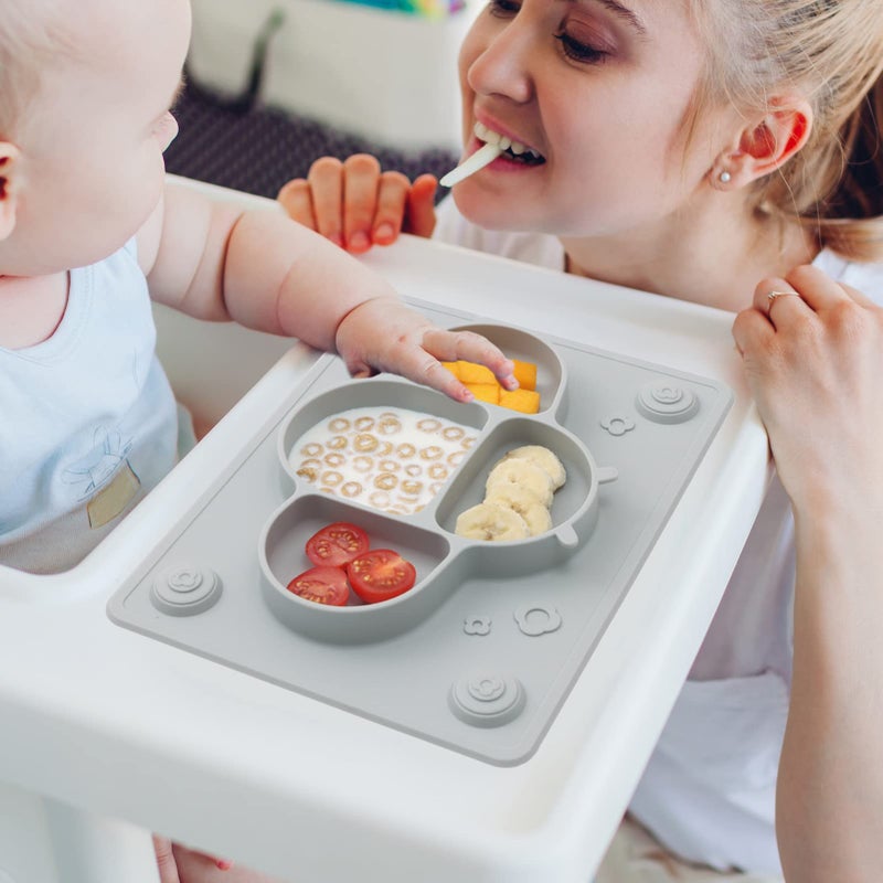 ROCCED Suction Plates for Baby Placemat Spoon Fork Set for Toddlers, Silicone Baby Plates with Suction Baby Dishes for Kids Plates-grey - Image 4
