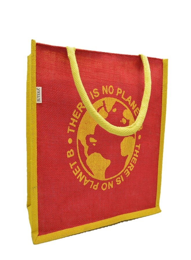 JUTEKA Red printed Jute Bag for Lunch, Office, Grocery, Picnic, Tiffin, Shopping Hand Bag with padded cotton handles - Image 1