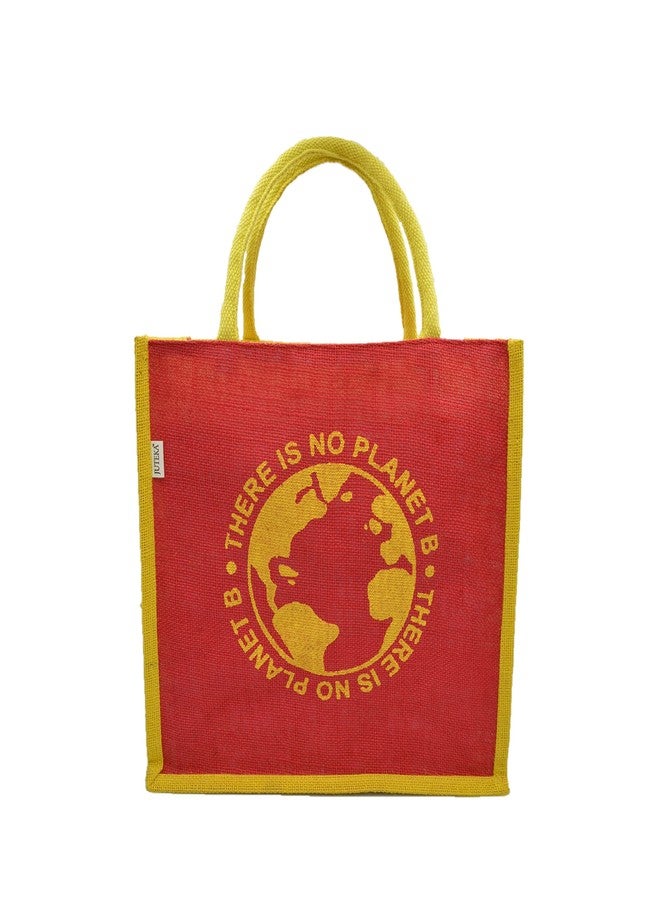 JUTEKA Red printed Jute Bag for Lunch, Office, Grocery, Picnic, Tiffin, Shopping Hand Bag with padded cotton handles - Image 2