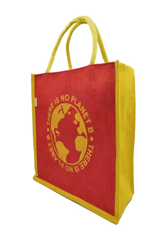 JUTEKA Red printed Jute Bag for Lunch, Office, Grocery, Picnic, Tiffin, Shopping Hand Bag with padded cotton handles - Image 3