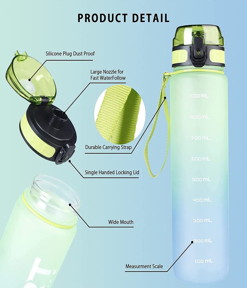 Us1984 Unbreakable Water Bottle,Leakproof Bpa-Free Non-Toxic Sport Water Bottle,Wide Mouth Strong Travel Gym Water Bottle With Scale Bottle For Kids Adult Office,School,Gym,Yoga 1000Ml (Green)-Plastic - Image 3