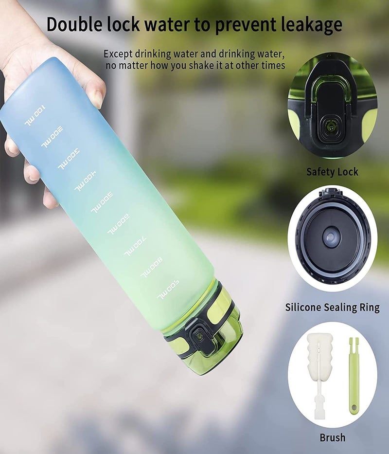 Us1984 Unbreakable Water Bottle,Leakproof Bpa-Free Non-Toxic Sport Water Bottle,Wide Mouth Strong Travel Gym Water Bottle With Scale Bottle For Kids Adult Office,School,Gym,Yoga 1000Ml (Green)-Plastic - Image 2