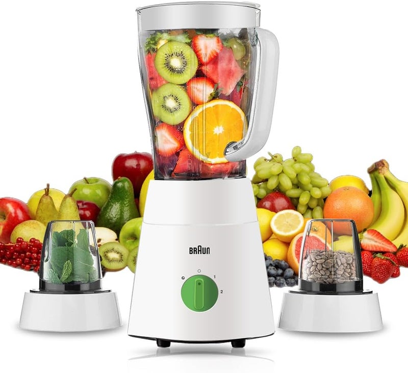 BRAUN Blender 3 in 1, 2 Speeds, Pulse Function, Multi Mill, Grinder Mill 1.75 L 500 W JB0123WH White/Green - Image 1