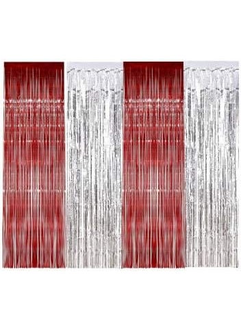 Lazybeee Lazybeee Foil Curtain Metallic Fringe Curtain for Birthday Anniversary Wedding Shimmer Curtain for Party Pack of 4 Red and Silver 