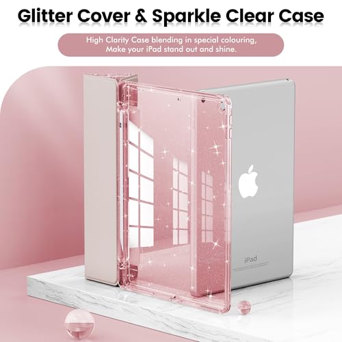 INFILAND for iPad 9th Generation 2021/ iPad 8th Generation 2020/ iPad 7th Generation 2019 Case 10.2 inch, Glitter Cover with Clear Back, Pencil Holder for Kids Girls, Rose Pink - Image 3