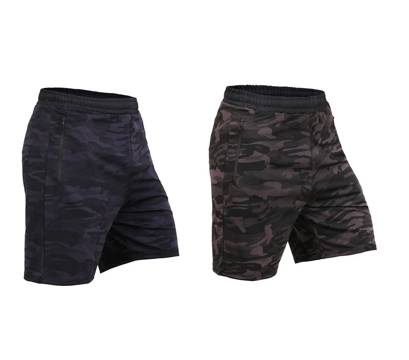 NEVER LOSE Men’s Camo Active Shorts Combo (Pack of 2) | Breathable, Flexible & Quick-Dry Fabric | Perfect for Gym Workouts, Running, Football, Basketball & Fitness (M, Army Navy+Grey) - Image 1